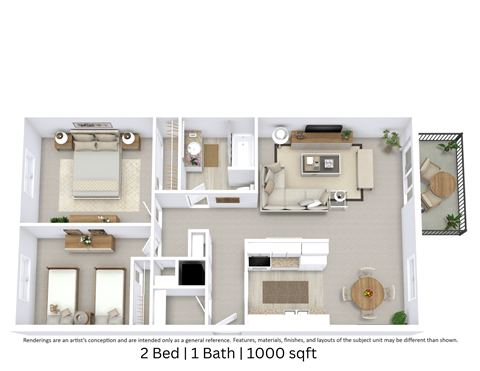Floor plan for 2 beds, 1 bath, 889 sqft